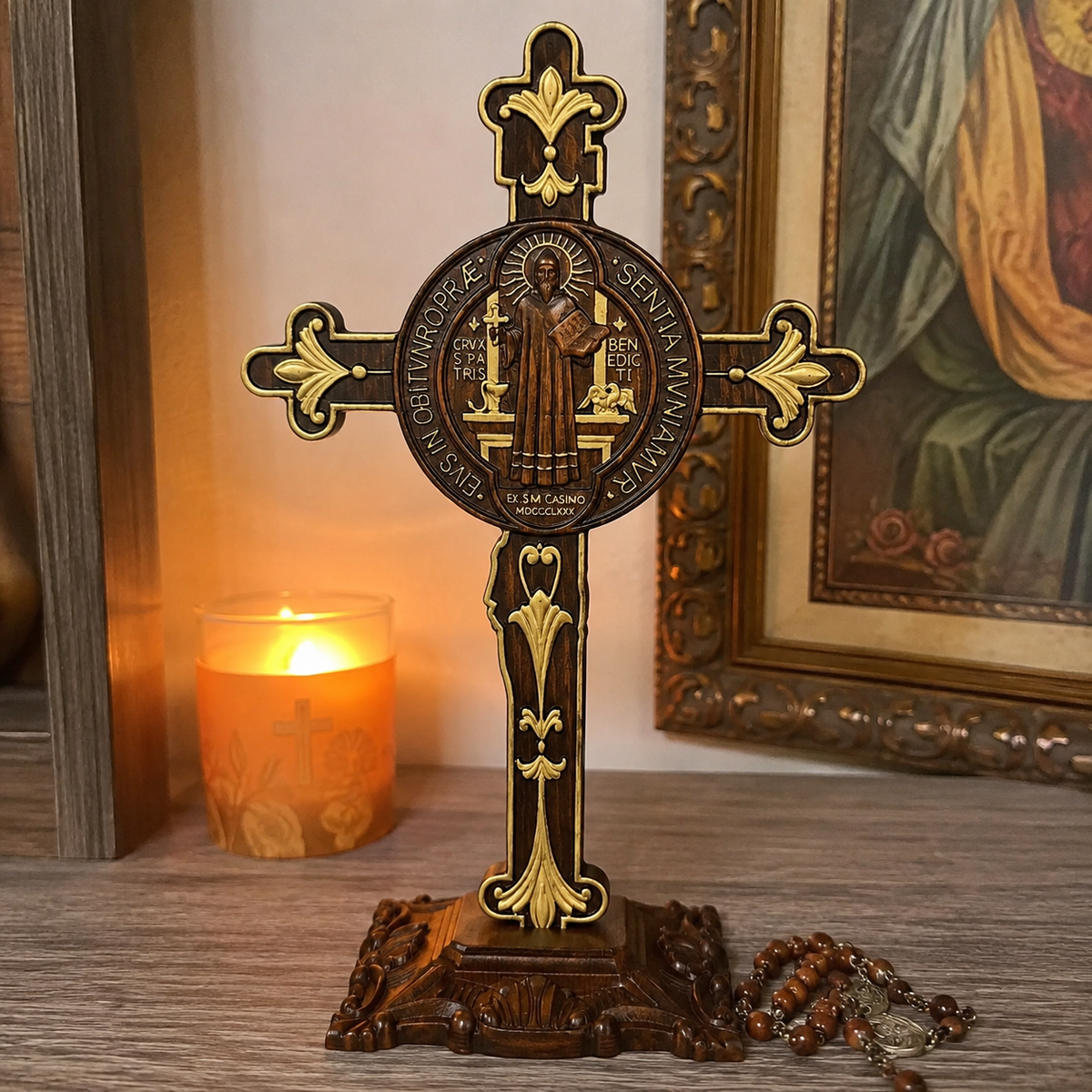Hand-Carved Beechwood Saint Benedict Crucifix – Double-Sided Christian Standing Cross