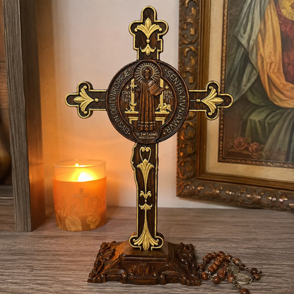 Hand-Carved Beechwood Saint Benedict Crucifix – Double-Sided Christian Standing Cross