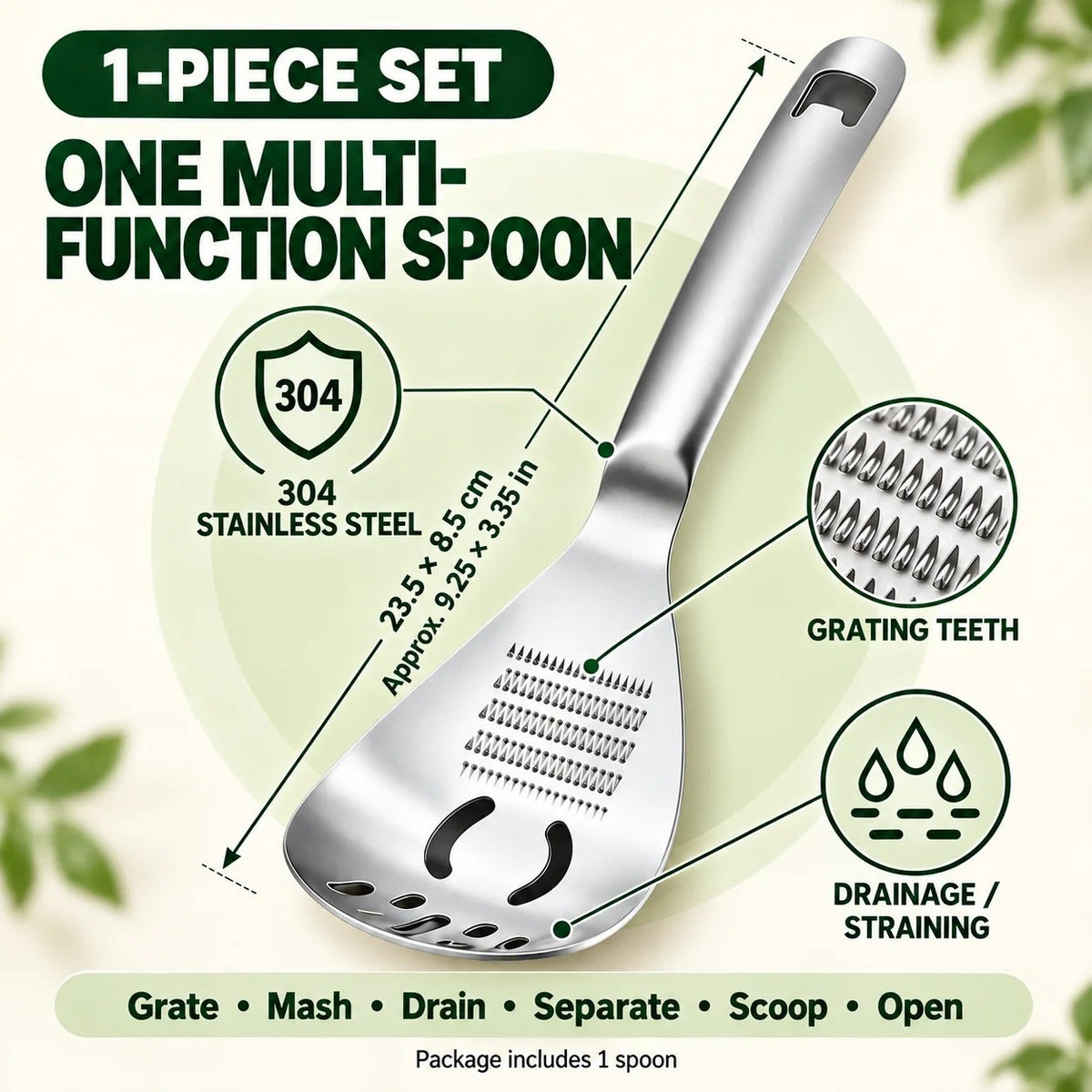 🥄 6-in-1 304 Stainless Steel Multi-Function Grater Spoon – Grate, Mash, Drain & Serve