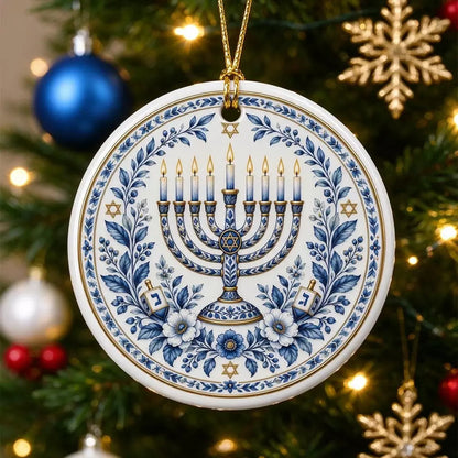 Blue & White Hanukkah Menorah Ceramic Ornament