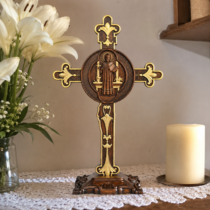 Hand-Carved Beechwood Saint Benedict Crucifix – Double-Sided Christian Standing Cross