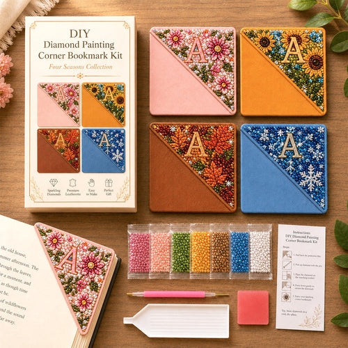 📚 LAST DAY 49% OFF – ✨ Four Seasons Personalized Initial Diamond Painting Corner Bookmark Kit | 4 Faux-Leather Page Corner Bookmarks with A–Z Initial, Scratch-Resistant Non-Fading Resin Diamonds DIY Handmade Seasonal Reading Decor 💎