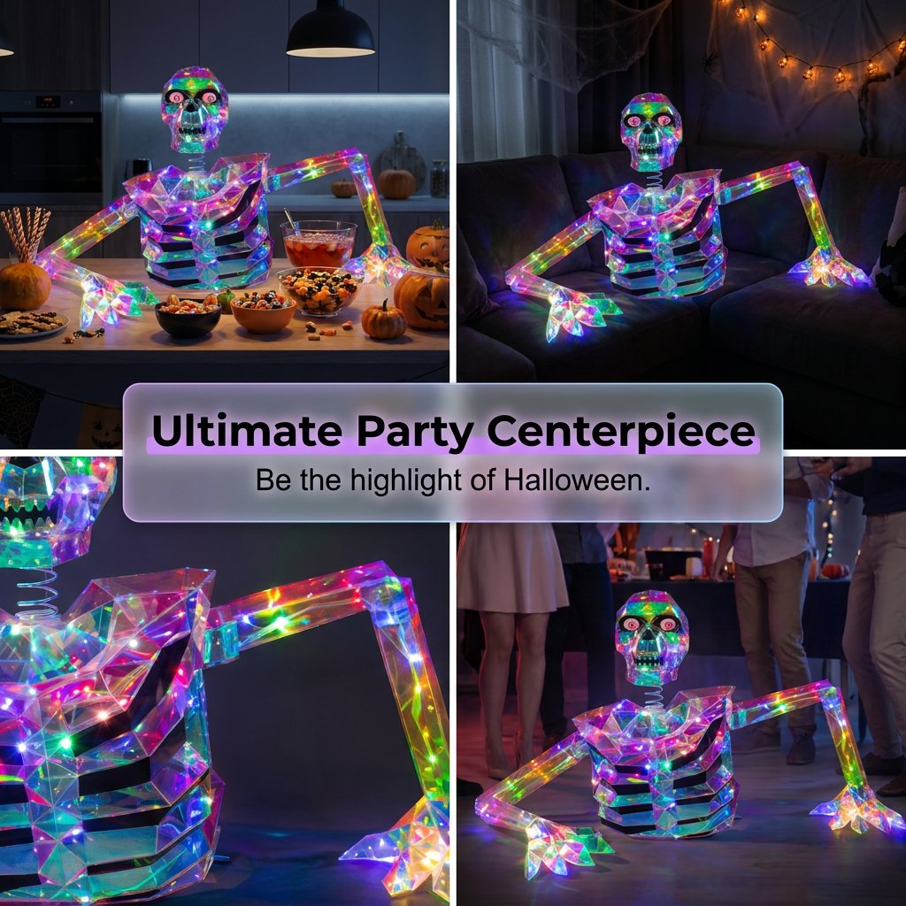 🔥HOT SALE🔥Giant Crystal Effect Skeleton Halloween Decoration - 116cm Wide Light-Reflecting Oversized Skeleton Centerpiece with 3m Power Cable - Mysterious Glow Decor for Home Entryway, Living Room & Spooky Party