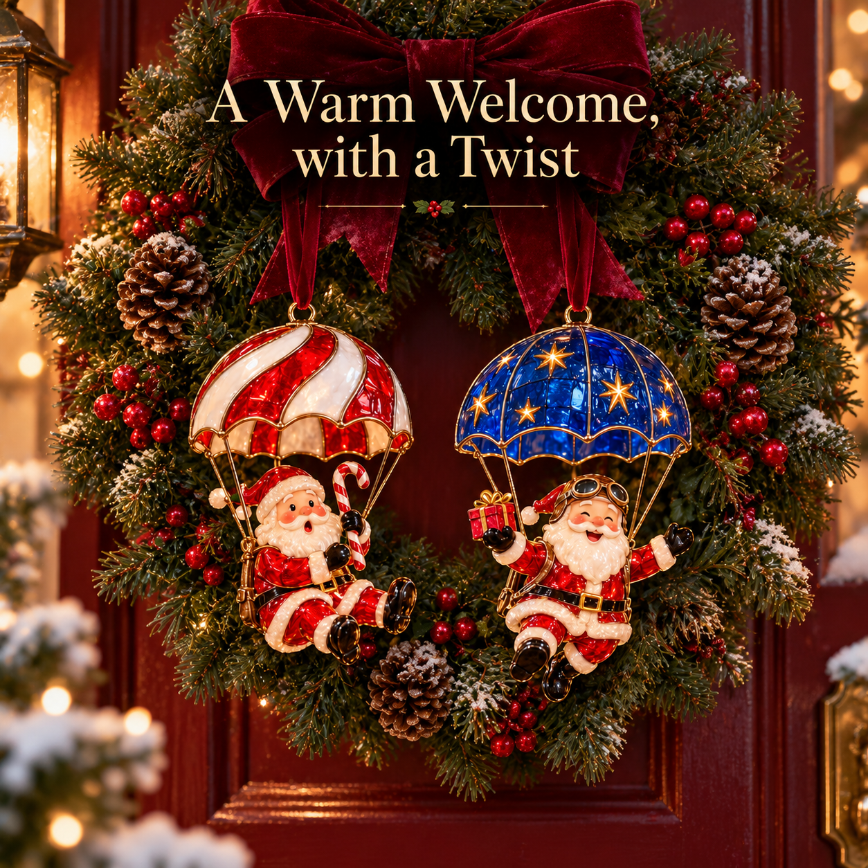Parachuting Santa ornaments on Christmas wreath with red velvet bow