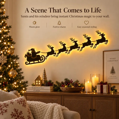 LED Christmas Santa Sleigh Wall Art, Illuminated Reindeer Silhouette Metal Sign, Warm Backlit Holiday Wall Decor