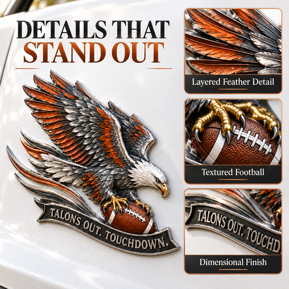 🦅 'Talons Out. Touchdown!' Premium Metal Eagle Car Emblem 5.9“*5.9” | The Ultimate Football Fan Decal