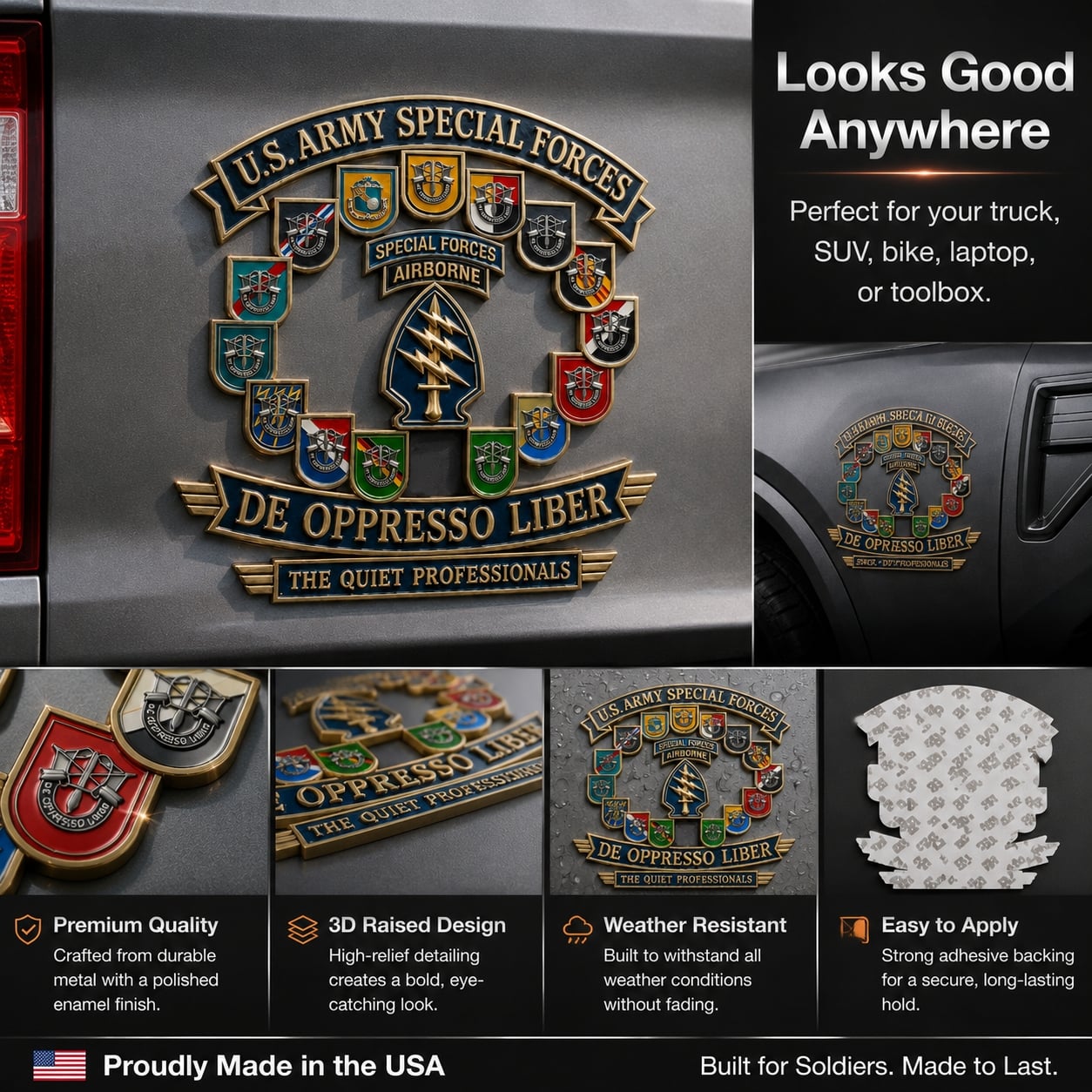 🗡️U.S. Army Special Forces “De Oppresso Liber” Tribute Metal Car Emblem
