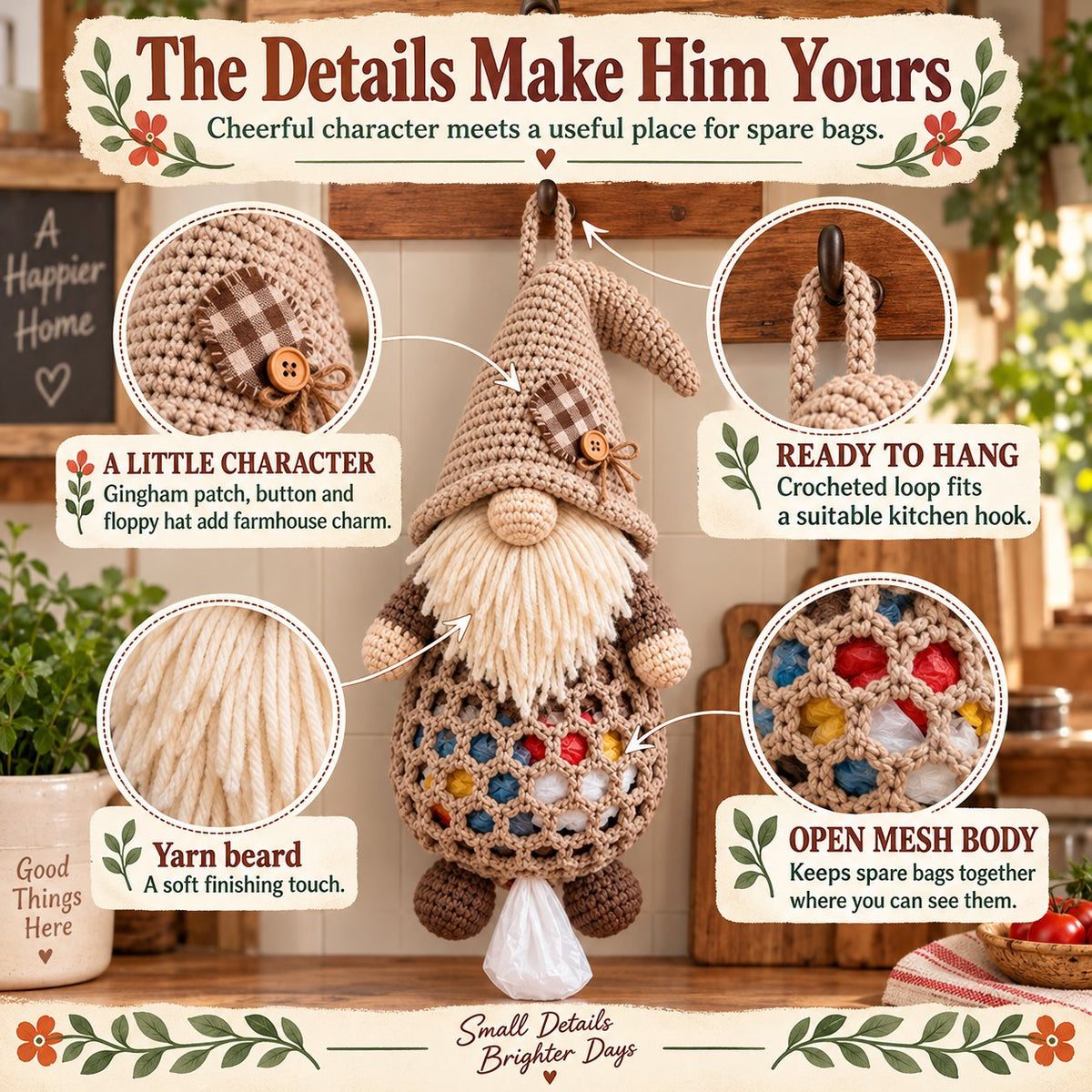 ⏳ Last Day 49% OFF – 🧶 Beginner-Friendly Gnome Crochet Bag Holder DIY Kit | 6 Charming Designs with Yarn, Tools & Guide Included 🍄