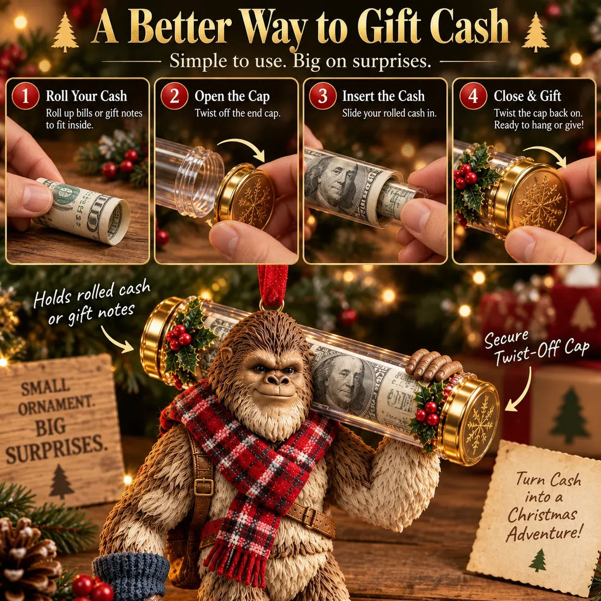🎄👣 3D Bigfoot Christmas Cash Gift Ornament – Holiday Money Holder Keepsake ✨