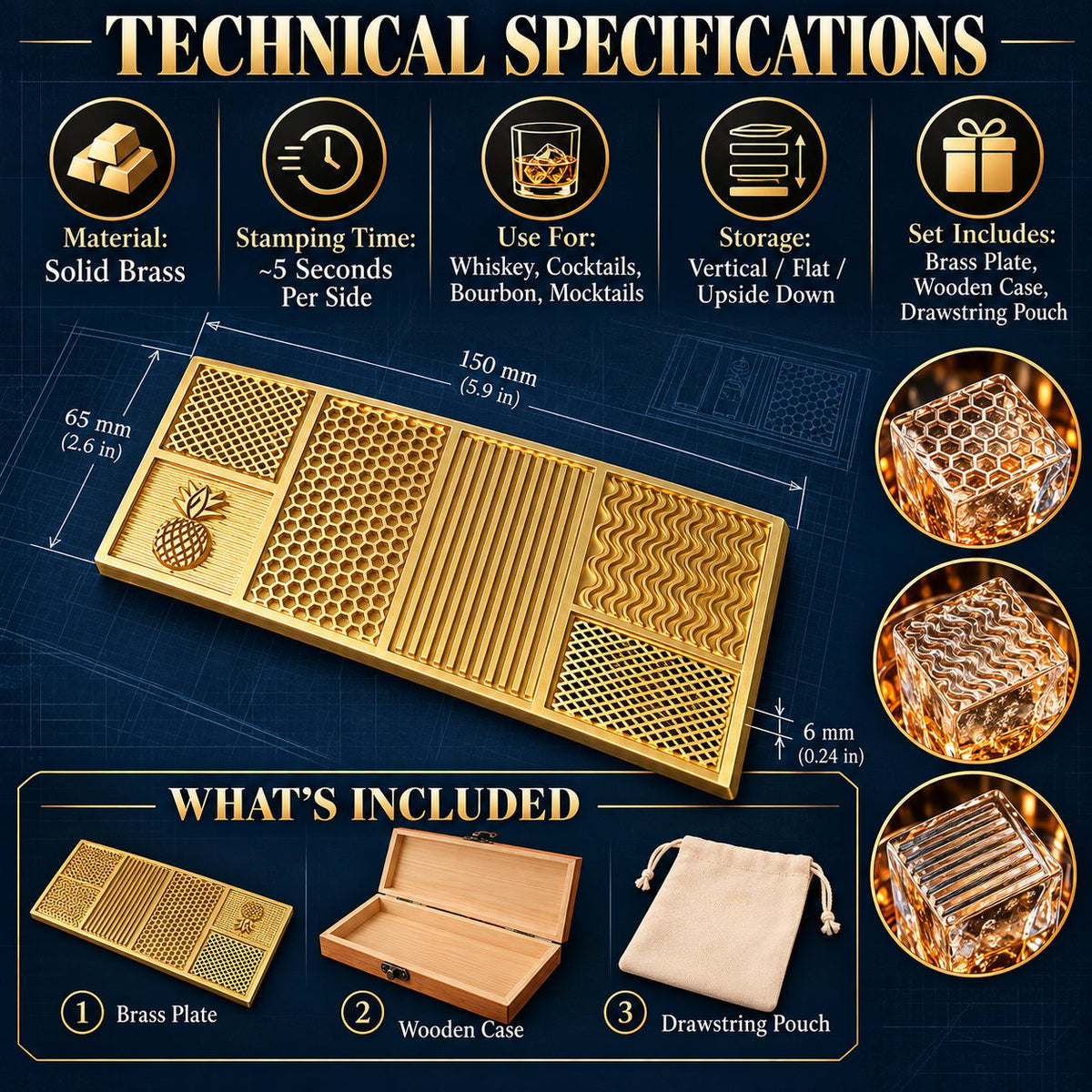 Brass Ice Stamp Plate – Decorative Cocktail & Whiskey Ice Embosser