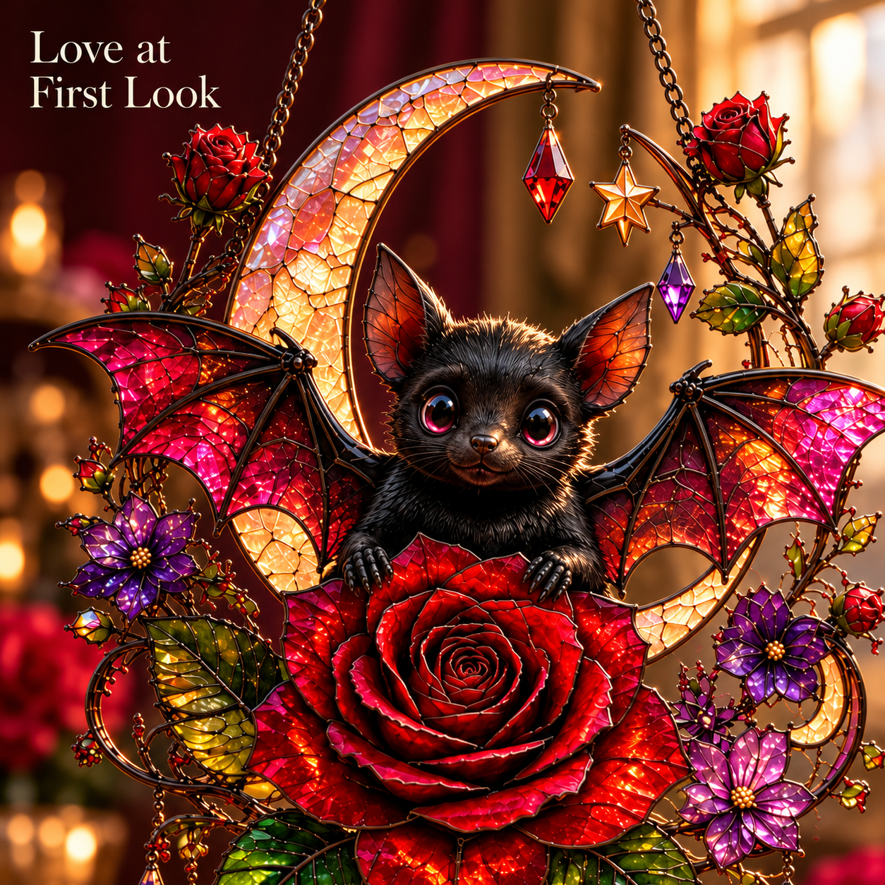 Detailed gothic bat with red rose stained-glass-style crescent moon
