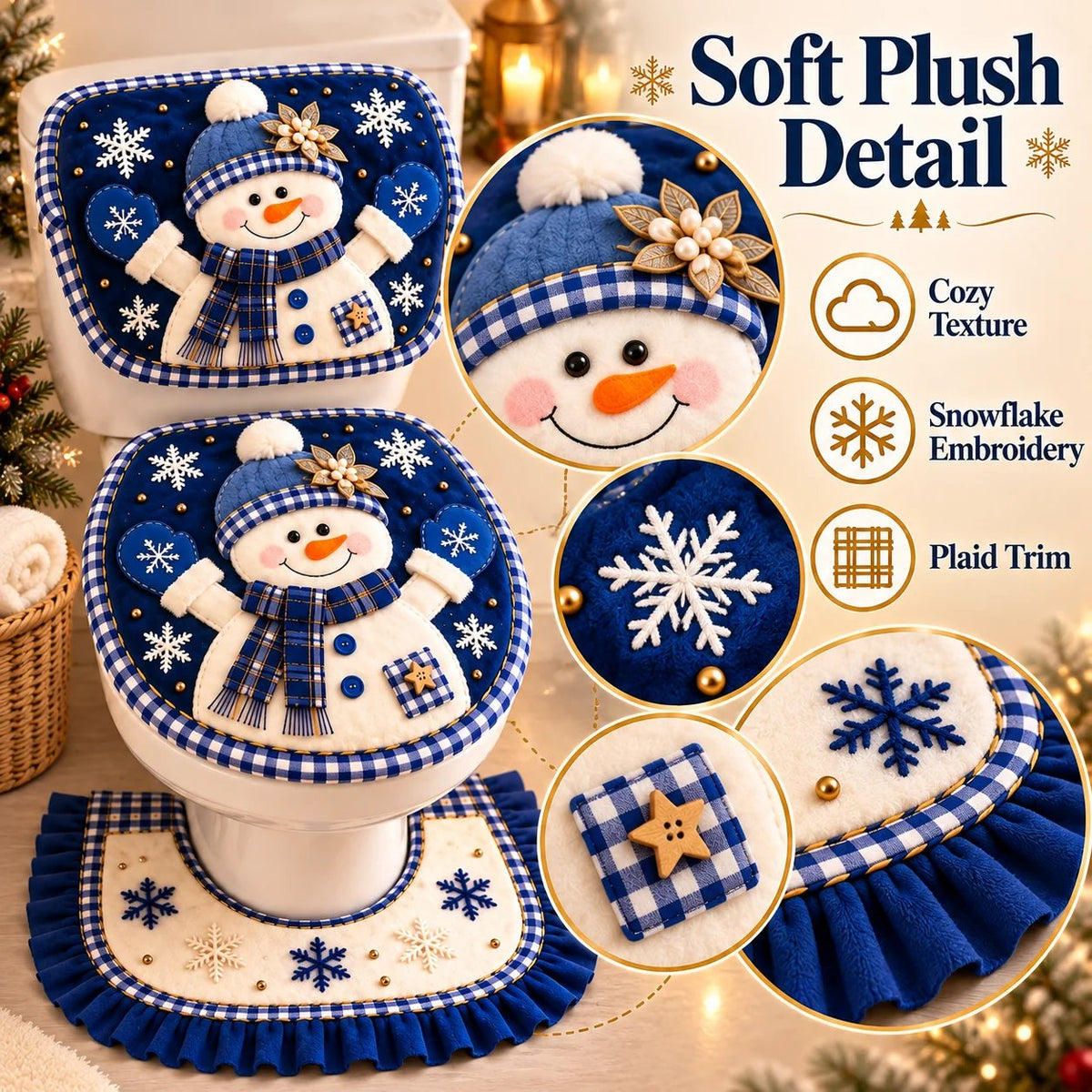 🎉3-Piece Christmas Snowman Toilet Cover Set – Cozy Winter Bathroom Decor
