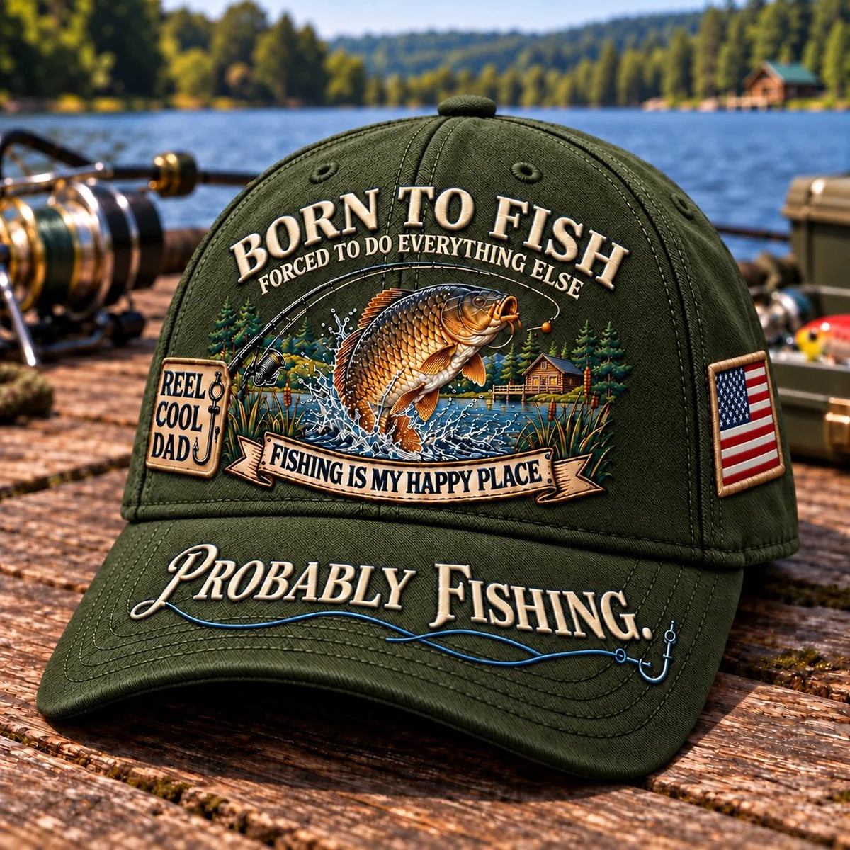 🎣 Born To Fish “Probably Fishing” USA Angler Tribute Cap  | Cotton-Poly Blend • Detailed Embroidery • Adjustable Fit