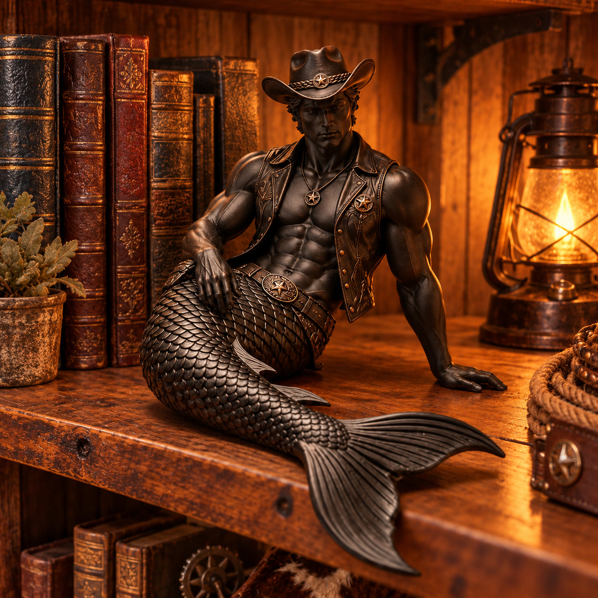 🤠🧜‍♂️⭐ Western Cowboy Merman Figurine | Muscular Mermaid Cowboy Sculpture, Rustic Ranch & Coastal Fantasy Home Décor