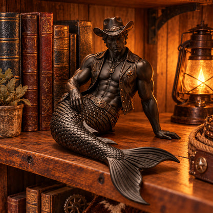 🤠🧜‍♂️⭐ Western Cowboy Merman Figurine | Muscular Mermaid Cowboy Sculpture, Rustic Ranch & Coastal Fantasy Home Décor