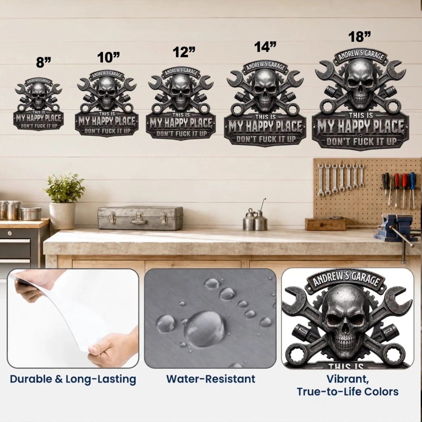 ⏳ Last Day 49% OFF – 💀 Personalized “This Is My Happy Place” Skull & Wrench Garage Metal Sign | Durable Stainless Steel with Custom Name, Faux 3D UV-Printed Details & Pre-Drilled Hanging Holes 🔧✨