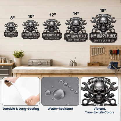 ⏳ Last Day 49% OFF – 💀 Personalized “This Is My Happy Place” Skull & Wrench Garage Metal Sign | Durable Stainless Steel with Custom Name, Faux 3D UV-Printed Details & Pre-Drilled Hanging Holes 🔧✨