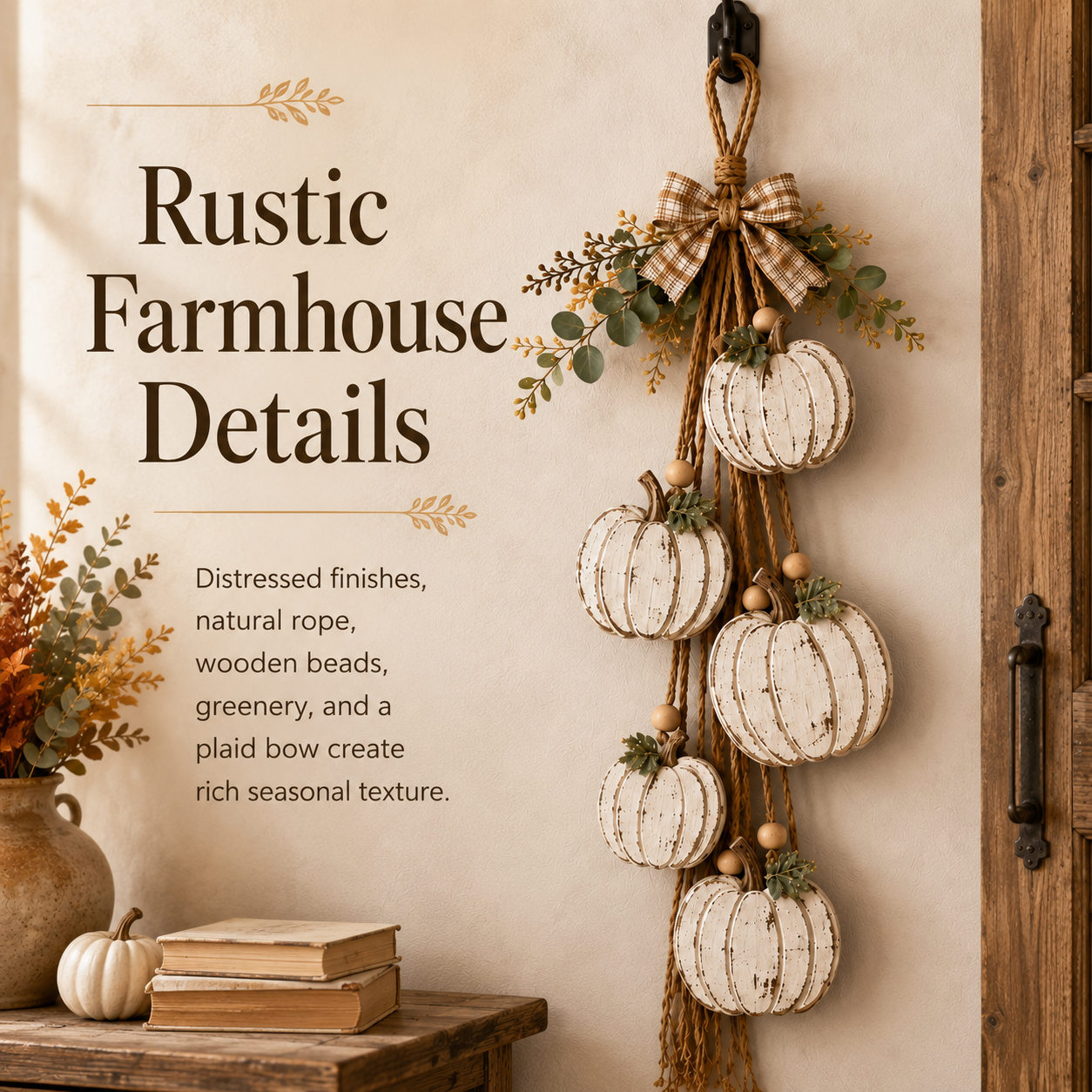 🎃 Rustic White Pumpkin Hanging Swag – 5-Pumpkin Fall Door & Wall Decoration for Farmhouse Autumn Decor