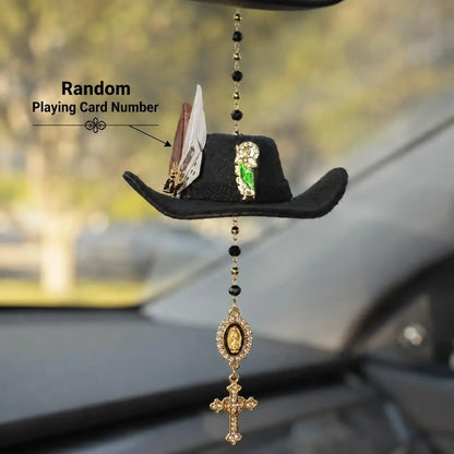St. Jude Car Blessing Charm – Handmade Protection Ornament with Black Sombrero | Car Trinket & Decoration Gift