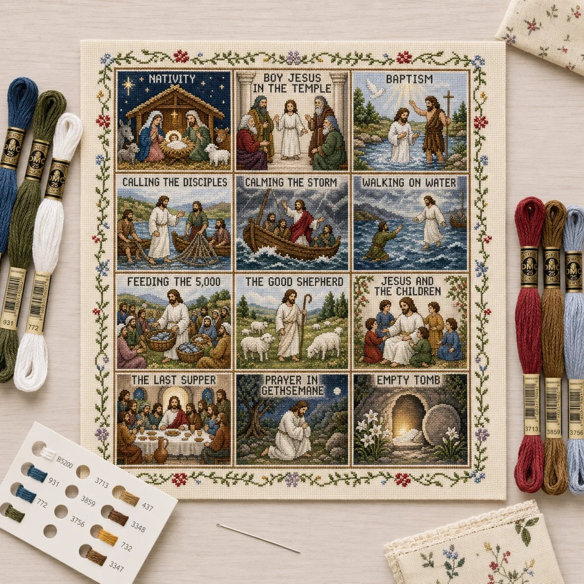 ⏳ Last Day 49% OFF – ✝️ Beginner-Friendly Life of Jesus Bible Story Cross Stitch DIY Kit | 6 Biblical Collections with Fabric, Color-Matched Floss, Needle & Pattern Guide Included 💕