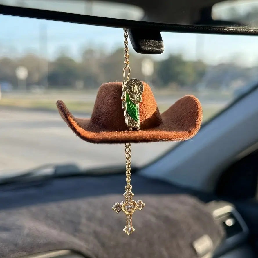 St. Jude Car Blessing Charm – Handmade Protection Ornament with Black Sombrero | Car Trinket & Decoration Gift
