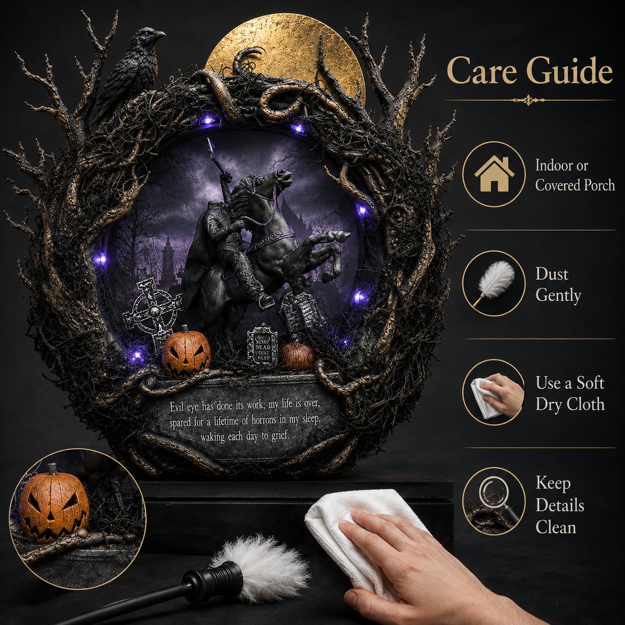 🦇Gothic Handcrafted Headless Horseman Mini Wreath With LED Purple Lights🎃