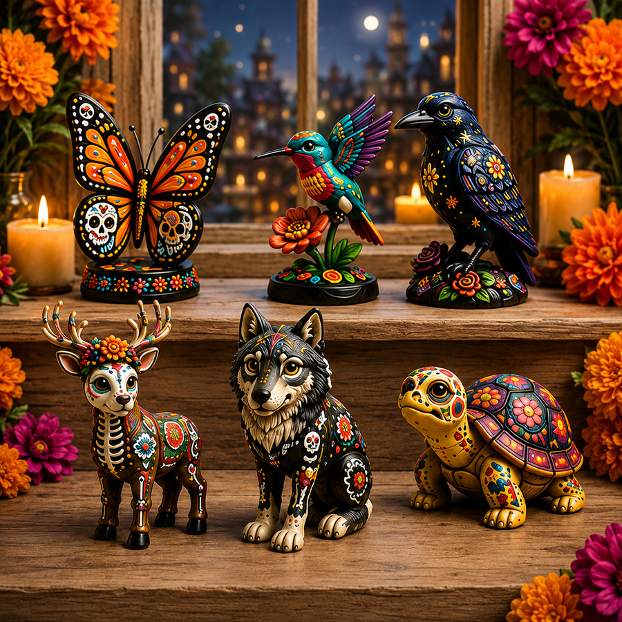 Colorful Día de Muertos animal folk art