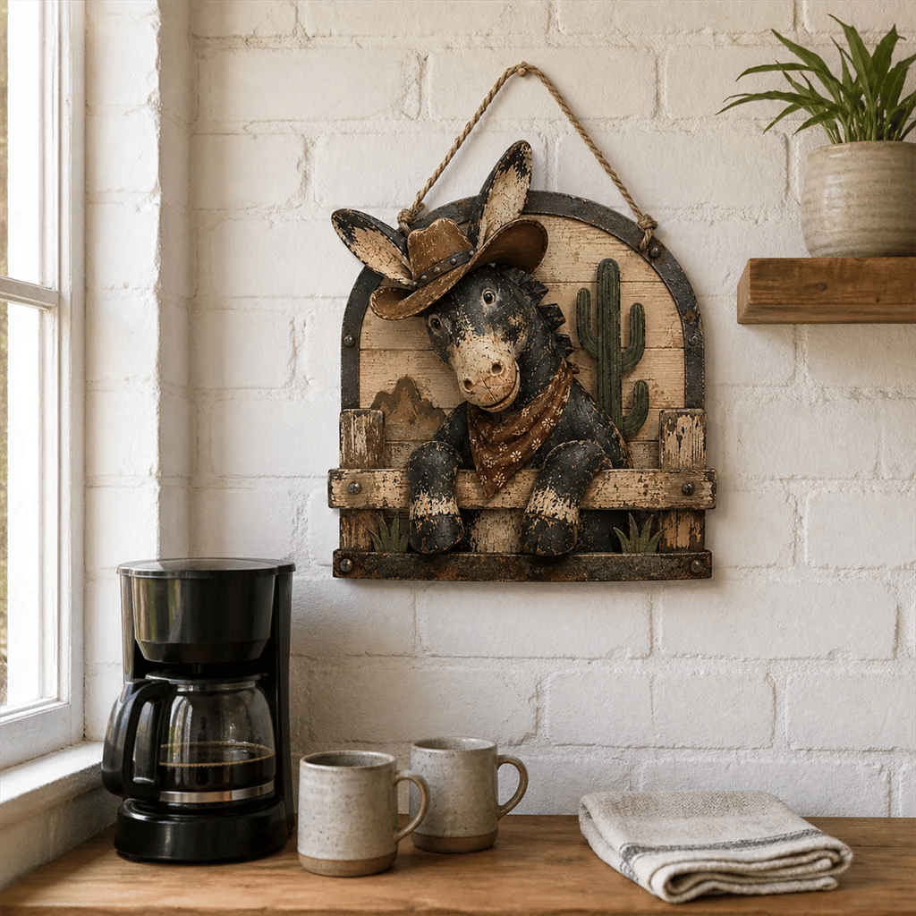 🫏 Rustic Cowboy Donkey Wall Hanging – Western Farmhouse Décor & Country Keepsake