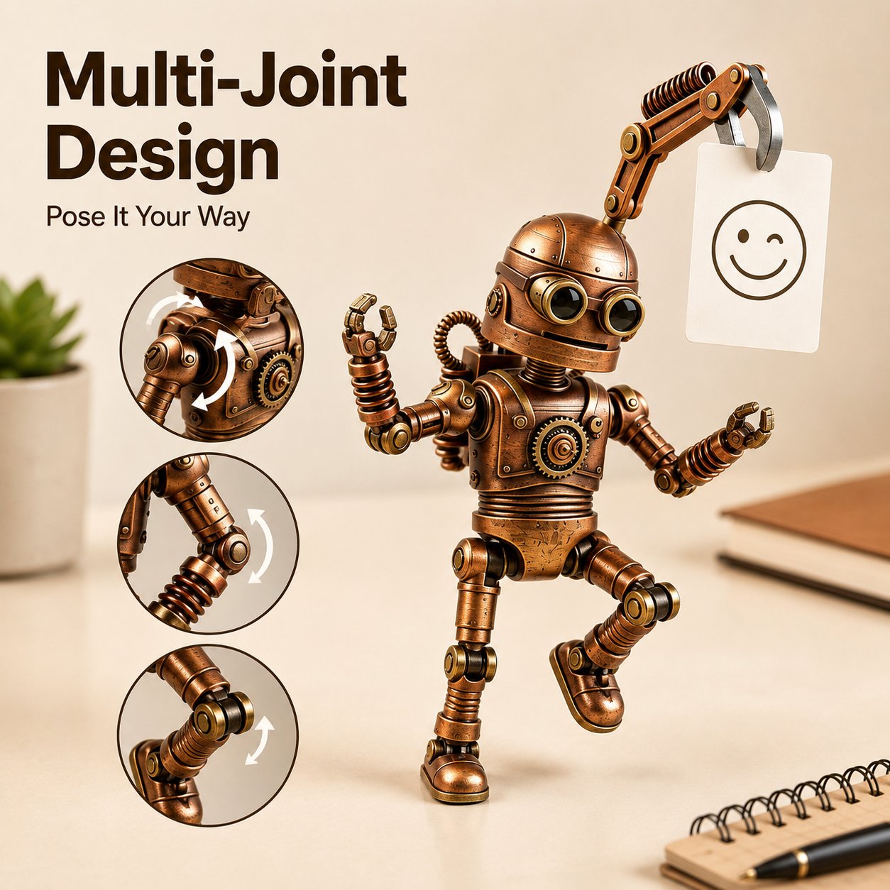 🤖 Steampunk Mood-Bot Desk Robot | Swapable Mood Card Desk Ornament For Office & Study Desktop Decor