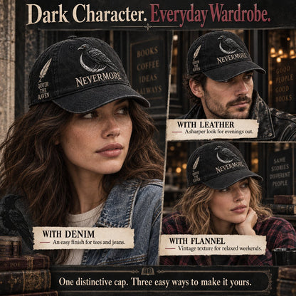 🐦 NEVERMORE Raven Gothic Cap – Premium Embroidered Literary Cap | Full Embroidery • Adjustable Fit • Vintage Black Style 🌙