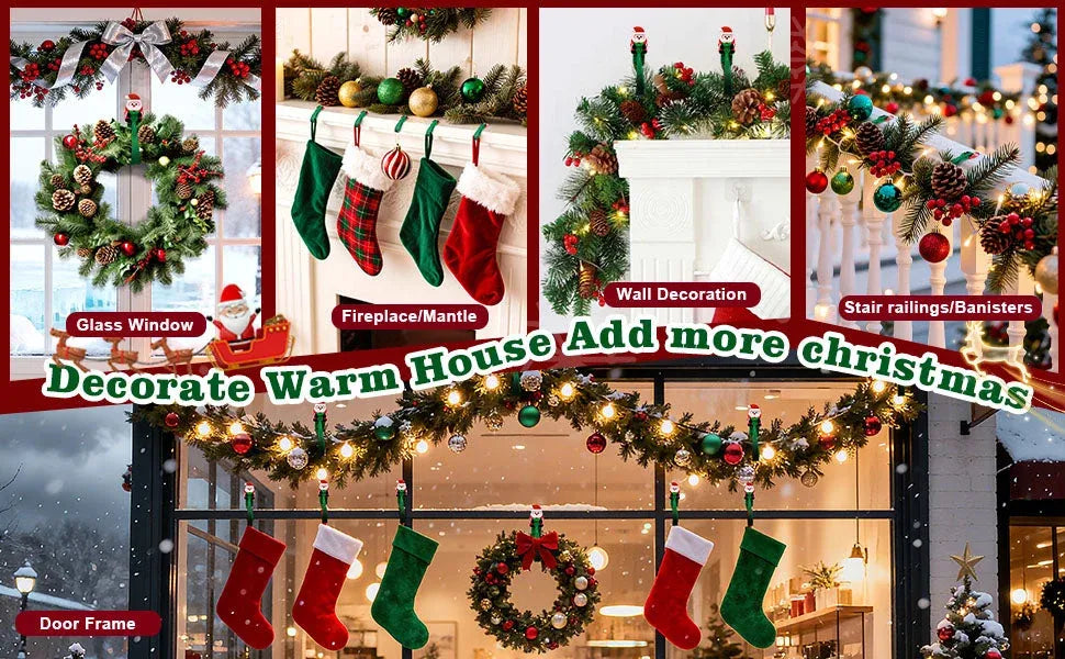 ⏳ Last Day 49% OFF – 🎄No-Drill Christmas Garland Hangers | 12 Santa Adhesive Hooks Holding Up To 5 lbs For Stockings, Wreaths & Holiday Decorations 🎅