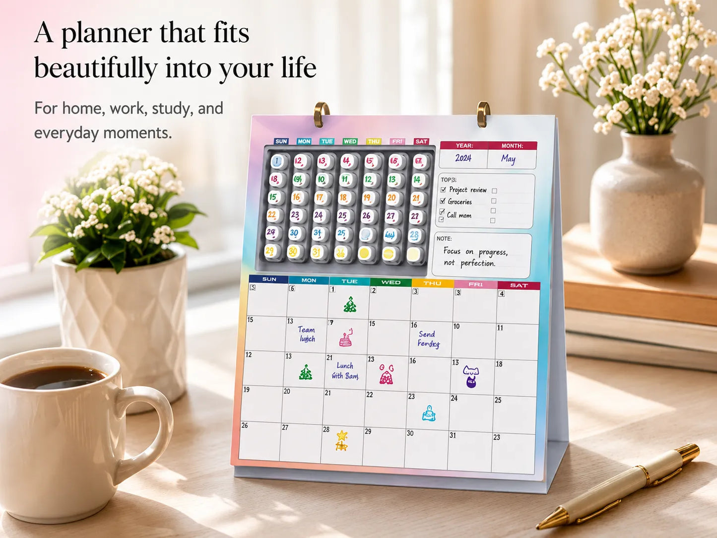 📅 Reusable Desk Calendar with 42 Self-Inking Event Stamps & 23 Replaceable Pages