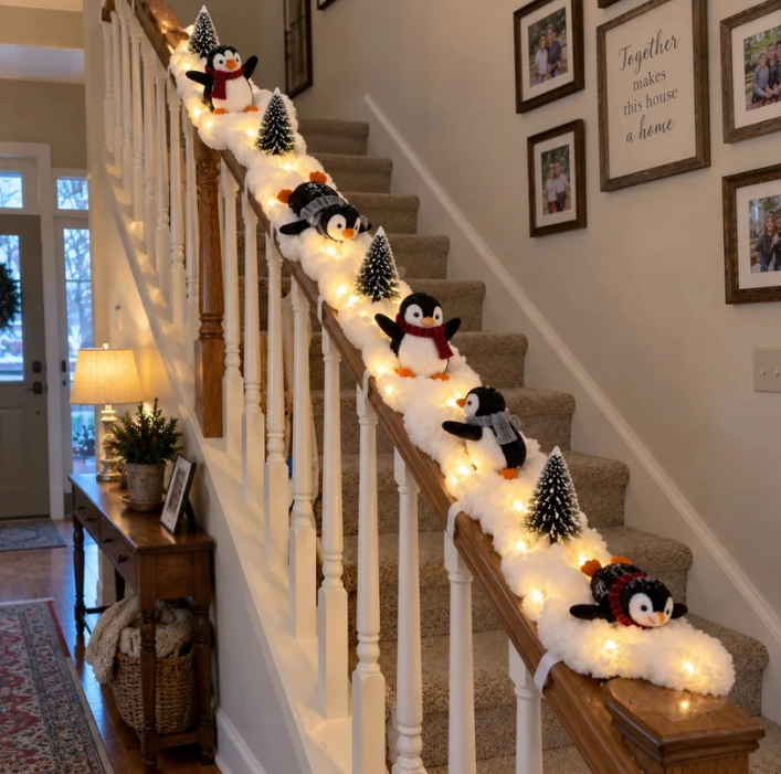Penguin Christmas stair decor detail