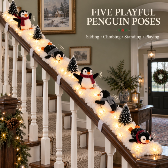 Christmas staircase penguin decor