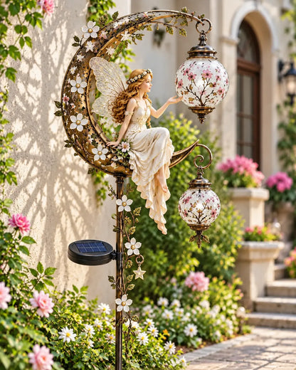 🧚‍♀️🌙 Enchanted Moon Fairy Solar Garden Light | Floral Crescent Lantern Stake, Magical Outdoor Décor & Fairy Garden Accent