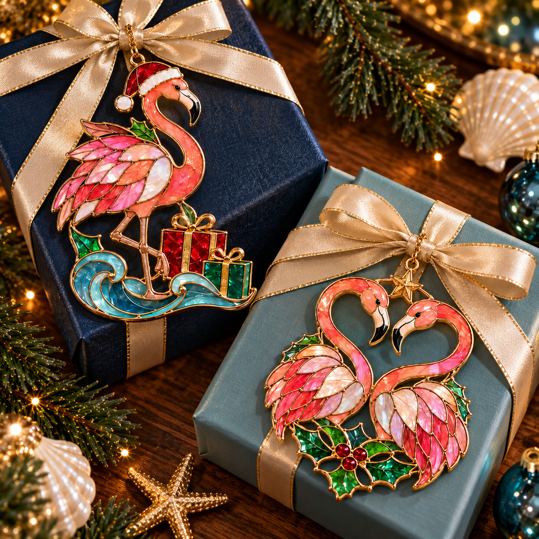 Pink flamingo ornament in stained-glass-inspired colors