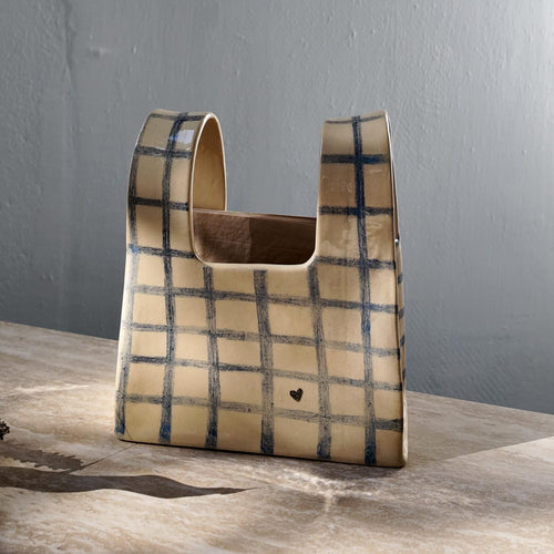 🌼 Handmade Checkered Ceramic Bag Vase