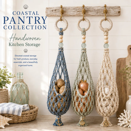 🌊 🥔 Coastal Hanging Produce Storage – Handwoven Breathable Organizer with Easy Side Access