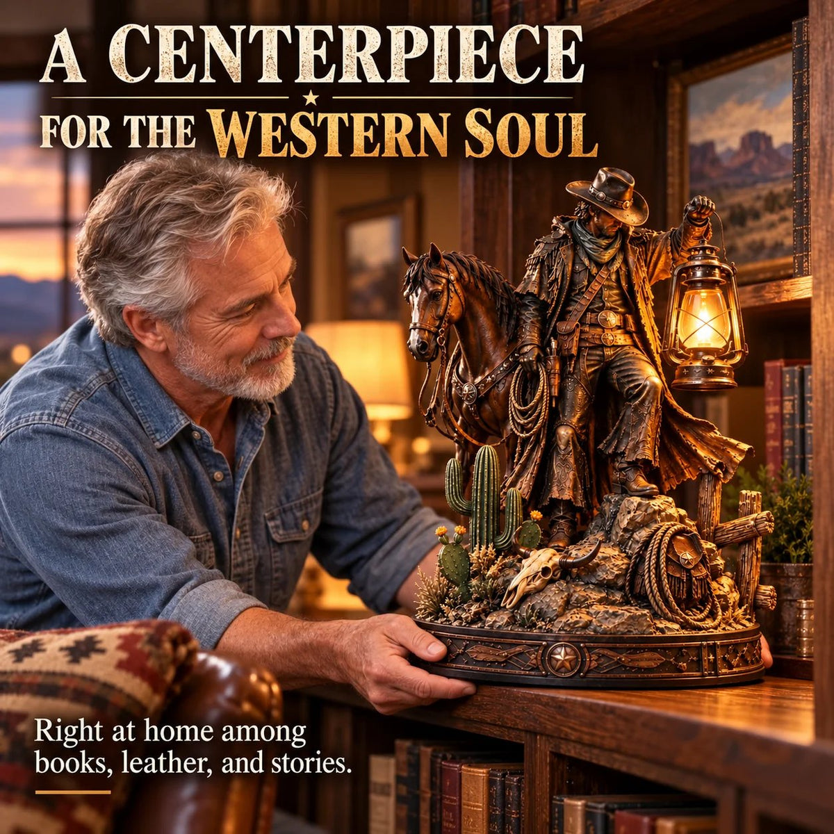 🤠 Western Rider & Horse Lantern Statue | Rustic Cowboy Decor