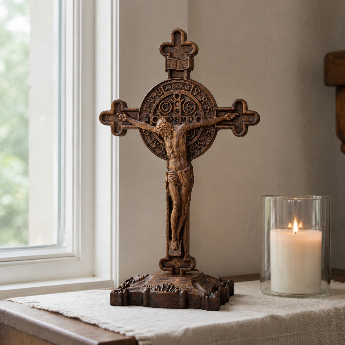Hand-Carved Beechwood Saint Benedict Crucifix – Double-Sided Christian Standing Cross