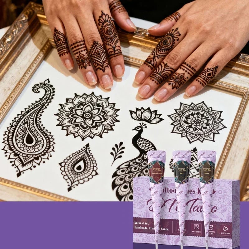 🌸 Henna Tattoo Kit with Stencils – Temporary Body Art Cones for Hands & Creative Designs ✨