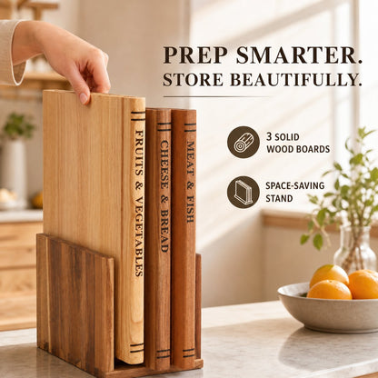 Book-Style Solid Wood Cutting Board Set with Stand