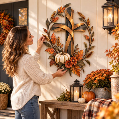 Autumn Cross & Pumpkin Harvest Metal Wall Decor