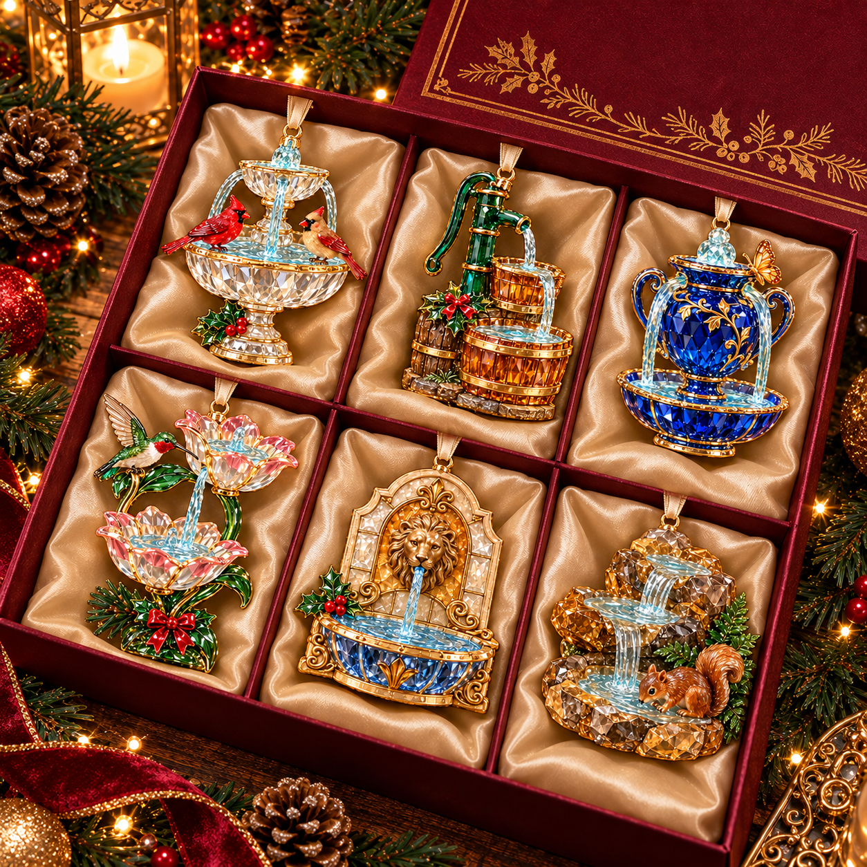 Vintage crystal fountain ornaments displayed together in a six-compartment Christmas presentation