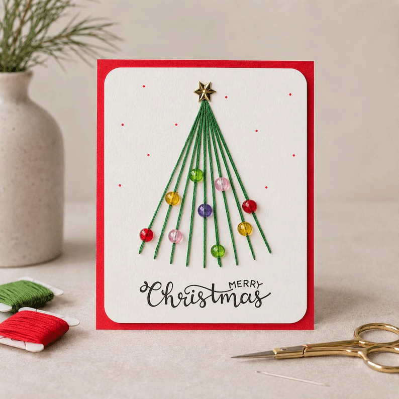 Christmas String Art Greeting Card DIY Kit – 6-Piece Stitching Set