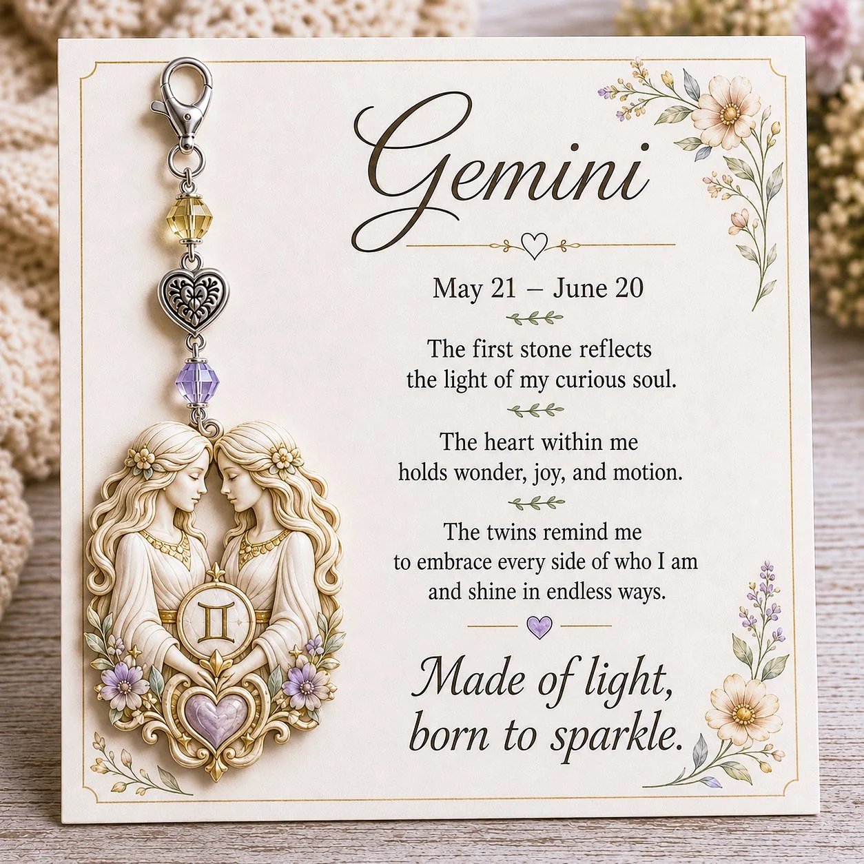 Zodiac Birthstone-Inspired Charm Keychain & Affirmation Card
