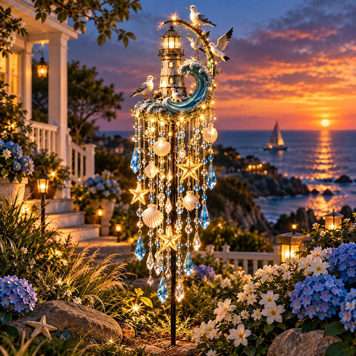 Illuminated Lighthouse Tide Glow garden stake at dusk beside a coastal garden
