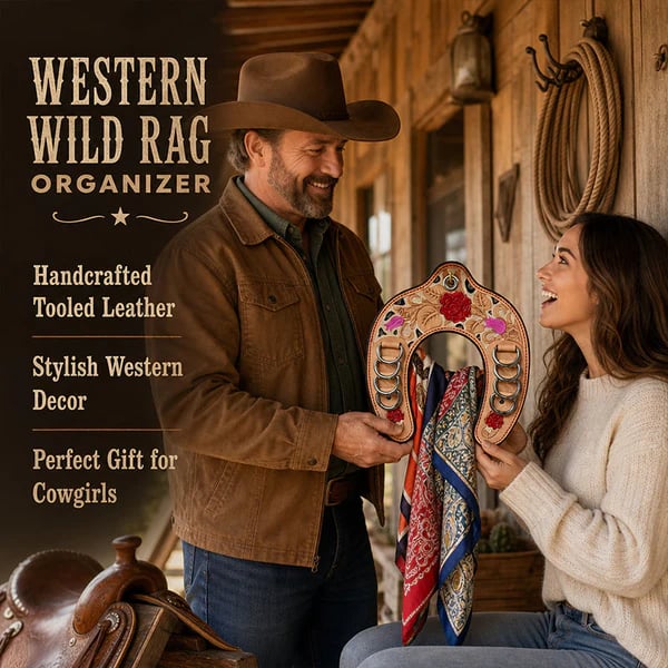 🔥LAST DAY 50% OFF - 🤠Handcrafted Leather Horseshoe Wild Rag Holder | Western Scarf & Bandana Organizer