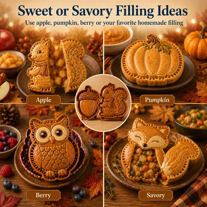 ⏳ Last Day 49% OFF – 🍂 8-Design Fall Mini Pie Mold Collection | Reusable Embossed Molds for Shaping Detailed Owl, Fox, Turkey, Pumpkin, Acorn & More 🥧✨