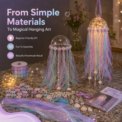 🎁 BUY 2 & GET FREE SHIPPING – 🪼 DIY Glowing Jellyfish Hanging Decoration Kit | Dreamy Floating Glow with Iridescent Ribbons, Pearls & Fairy Lights ✨